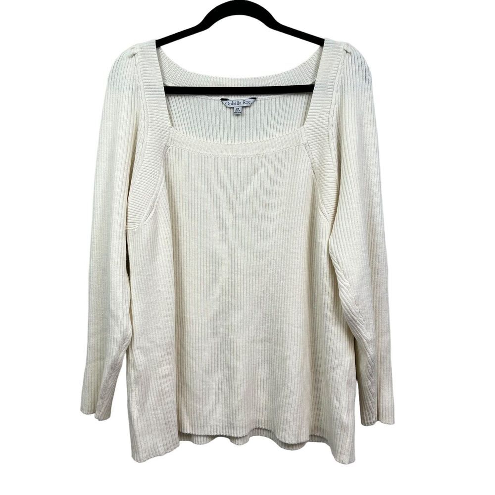 Ophelia Roe Women Knit Sweater Square Neck Ribbed Puff Long Sleeves Cream Sz 3X*